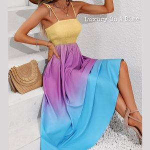 Colorful Ombre Rainbow Self-Tie Shoulder Smocked Bodice Maxi Dress Boho Hippie